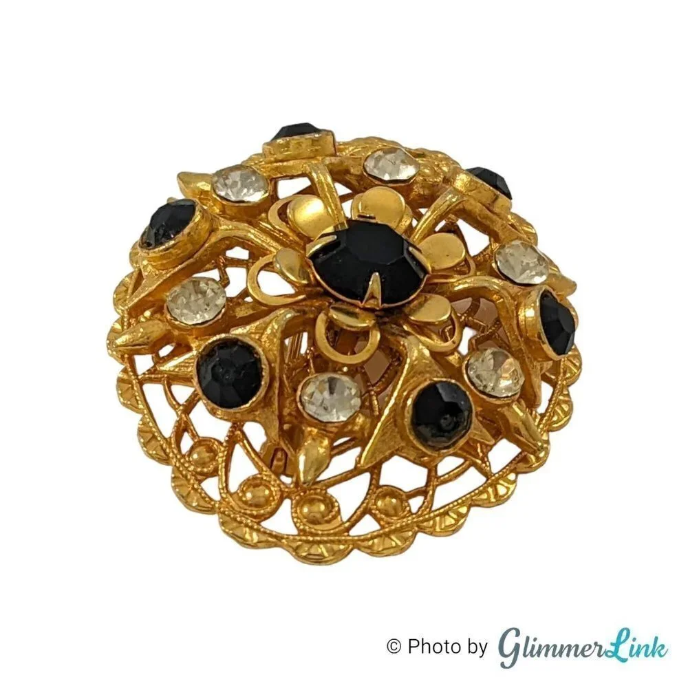 Vintage Oval Ornate Filigree Black Rhinestone Gold Tone Brooch Pin
